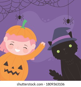 happy halloween, pumpkin girl with cat costume character trick or treat, party celebration vector illustration