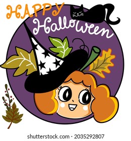 happy halloween pumpkin girl with witches hat autumn leaves mood cartoon card and banner 