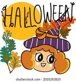 happy halloween pumpkin girl with witches hat autumn leaves mood cartoon card and banner 