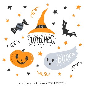 Happy Halloween pumpkin, hat, bat, sweets, spirit