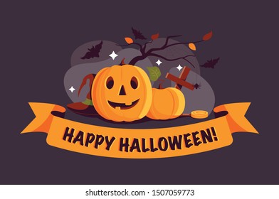 Happy halloween pumpkin with hat, cross, bats, spider and candy