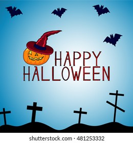 Happy Halloween: pumpkin with hat on a background of grave crosses and bats.Happy Halloween background. Hand drawing. Vector illustration.