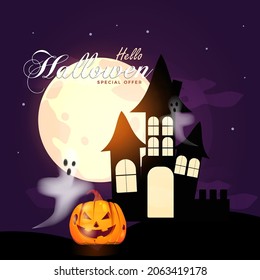 Happy Halloween  Pumpkin With 
Haunted House. Can Be Used For Shopping Sale, Banner,  Invitation, Website Or Greeting Card. Vector Illustration