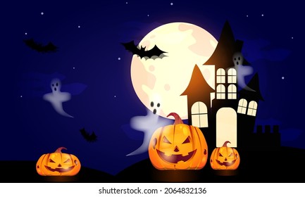 Happy Halloween  Pumpkin With 
Haunted House. Can Be Used For Shopping Sale, Banner,  Invitation, Website Or Greeting Card. Vector Illustration