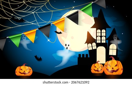 Happy Halloween  Pumpkin With 
Haunted House. Can Be Used For Shopping Sale, Banner,  Invitation, Website Or Greeting Card. Vector Illustration