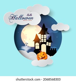 Happy Halloween  Pumpkin With 
Haunted House. Can Be Used For Shopping Sale, Banner,  Invitation, Website Or Greeting Card. Vector Illustration