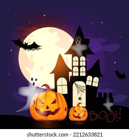 Happy Halloween  Pumpkin With 
Haunted House. Can Be Used For Shopping Sale, Banner,  Invitation, Website Or Greeting Card. Vector Illustration