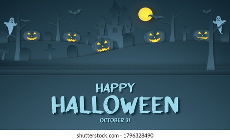 Happy Halloween, pumpkin head, castle, graveyard, bat, ghost and bright moon with text, paper art style
