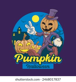 Happy Halloween Pumpkin Head Doll Castle badge and label sticker, banner, patch, greeting card and invitation Vector illustration