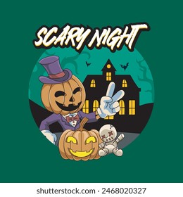 Happy Halloween Pumpkin Head Doll Castle Scary Night badge and label sticker, banner, patch, greeting card and invitation Vector illustration