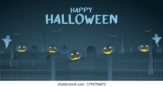 Happy Halloween, pumpkin head, graveyard, bat and ghost with text, paper art style