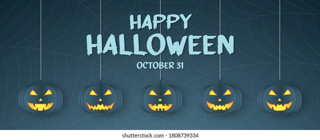 Happy Halloween, pumpkin head hanging, spider web, cobweb background with text