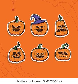 Happy Halloween Pumpkin Head Pack. Jack O' Lanterns Illustration Vector Design in a Sticker style isolated in an orange background. Halloween pumpkins set.