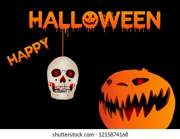 Happy Halloween Pumpkin Head text with skull horror vector illustration isolated or black background 