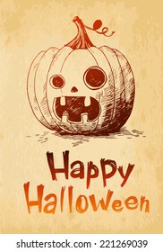 Happy Halloween pumpkin Jack O'Lantern drawn in a sketch style