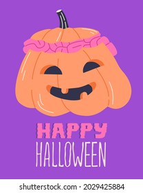 Happy halloween pumpkin jack poster with creepy lettering. Cute character and spooky calligraphy, print design. Vector textile wallpaper in doodle flat cartoon style. Scary holiday, purple background