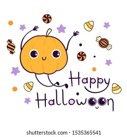A happy halloween pumpkin jumping on candy background. Greeting card. 'Happy Halloween' lettering. Various candies and stars on white background