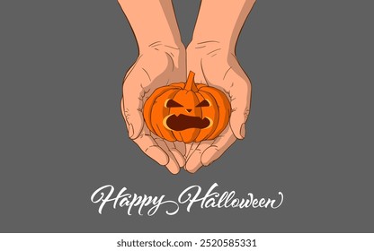 Happy Halloween. Pumpkin lies in palms close up. Vector graphics.