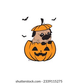 Happy Halloween Pumpkin And Little Cute Dog Vector Illustration 
