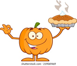 Happy Halloween Pumpkin Mascot Character Holding Perfect Pie