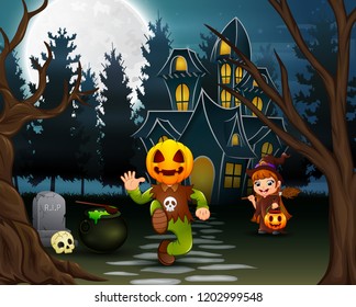 Happy halloween with pumpkin mask and witch