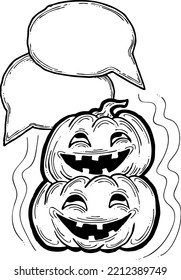 Happy Halloween pumpkin monster with speech bubble. Decorative template for night party invitation, poster print, quotes background. Hand drawn illustration, comic style, cartoon vector character.