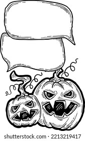 Happy Halloween pumpkin monster with speech bubble. Decorative template for night party invitation, poster print, quotes background. Hand drawn illustration, comic style, cartoon vector character.