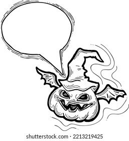 Happy Halloween pumpkin monster with speech bubble. Decorative template for night party invitation, poster print, quotes background. Hand drawn illustration, comic style, cartoon vector character.