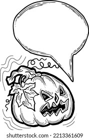 Happy Halloween pumpkin monster with speech bubble. Decorative template for night party invitation, poster print, quotes background. Hand drawn illustration, comic style, cartoon vector character.