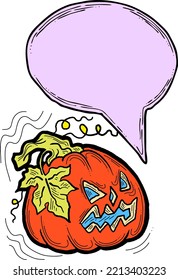 Happy Halloween pumpkin monster with speech bubble. Decorative template for night party invitation, poster print, quotes background. Hand drawn illustration, comic style, cartoon vector character.