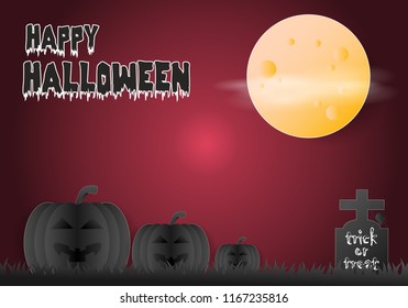 Happy Halloween with pumpkin and moon, paper art background. illustration vector