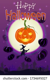 Happy Halloween. Pumpkin on the background of a huge moon and flying pumpkins and a witch. Eerie landscape in the cemetery. Purple background. Vector illustration.