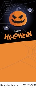 Happy Halloween. Pumpkin on a black background with spiders. Vector illustration, autumn holiday.