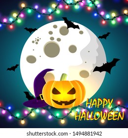 Happy Halloween, pumpkin on moon background, modern Halloween poster, vector illustration