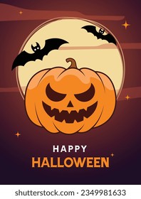 Happy Halloween pumpkin on yellow moon night party celebration festival. Trick or treat. Concept vector illustration.