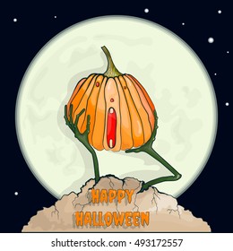 Happy Halloween. Pumpkin with red eyes. Hands zombies, moon background. Vector illustration