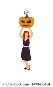 Happy Halloween pumpkin with scary face on white background. Color vector illustration for party banner, poster, flyer with young redhair girl and jack o lantern