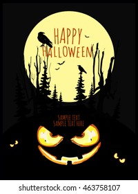 Happy Halloween with pumpkin, scary smile, trees, moon. Perfect for wallpapers, web page backgrounds, surface textures, textile. 
