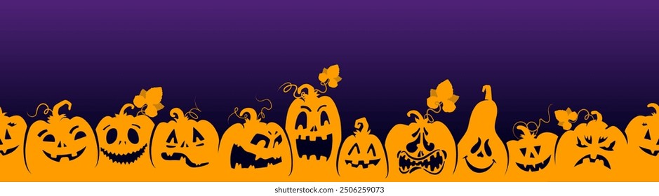 Happy Halloween pumpkin seamless banner set. Yellow spooky squash lanterns silhouettes, design scary jack-o-lanterns halloween vector background. Template Halloween holiday party endless poster.