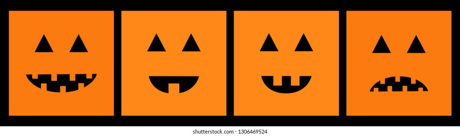 Happy Halloween pumpkin set line. Funny creepy smiling face. Cute cartoon baby character. Greeting card. Black background. Isolated. Flat design. Vector illustration