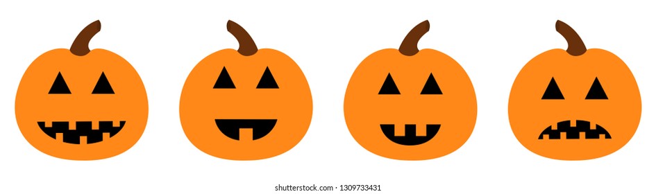 Happy Halloween pumpkin set line. Funny creepy smiling face. Cute cartoon baby character. Greeting card. White background. Isolated. Flat design. Vector illustration