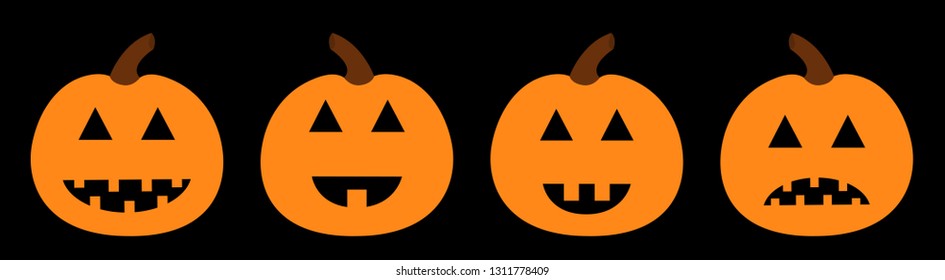 Happy Halloween pumpkin set line. Funny creepy smiling face. Cute cartoon baby character. Greeting card. Black background. Isolated. Flat design. Vector illustration