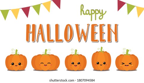 Happy Halloween pumpkin set. Vector cute pumpkin collection with hand drawn letters on white background. Simple flat design banner.