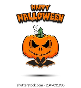 Happy Halloween. Halloween pumpkin with sinister face and bat on an isolated background. Design pattern for banner, poster, greeting card, flyer, party invitation. Vector illustration