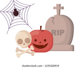 happy halloween pumpkin with skull and gravestone