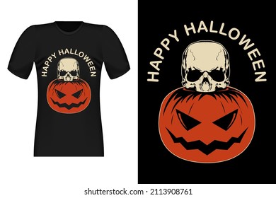Happy Halloween with Pumpkin Skull Vintage T-Shirt Design