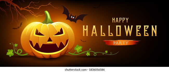 Happy Halloween pumpkin smile and bat with tree, on orange and black banner design background, Eps 10 vector illustration