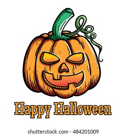 happy halloween pumpkin with smile using outline and layered color also add text on white background