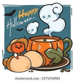 Happy Halloween, pumpkin soup and bread, pumpkin, bread, bat, cloud, smoke, bowl, cute