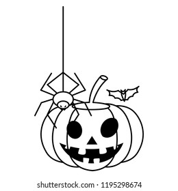 happy halloween pumpkin with spider and bat